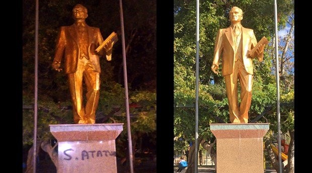 Atatürk heykeline sprey boyayla yazı yazan 3 çocuk gözaltına alındı