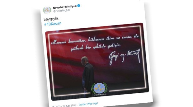 AKP’li Nevşehir Belediyesi, 10 Kasım anmasında Atatürk yerine Erdoğan’ın fotoğrafını kullandı