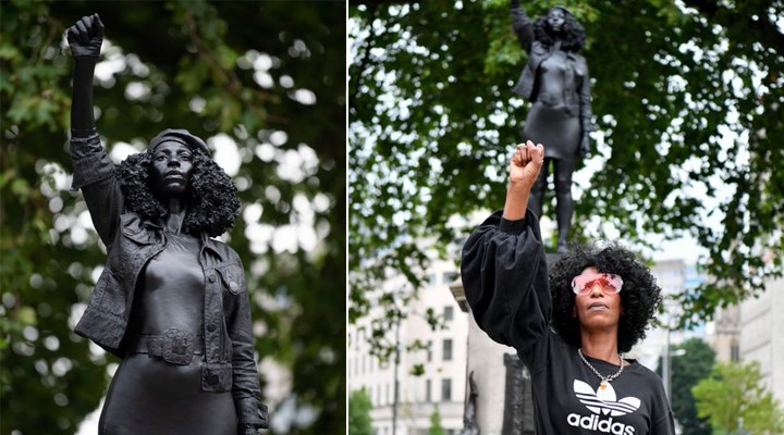 Yıkılan köle taciri heykelinin yerine Siyah Hayatlar Önemlidir protestocusu heykeli