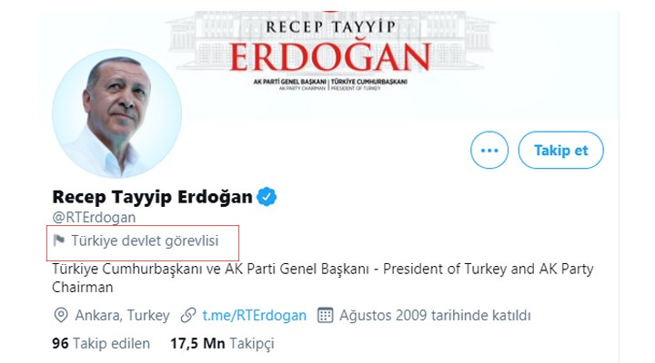 Twitter, Erdoğan'ın hesabını etiketledi