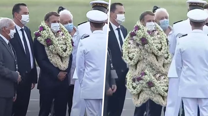 Macron’un Fransız Polinezyası ziyaretinde boynuna asılan çiçekler espri konusu oldu: Yürüyen çelenk