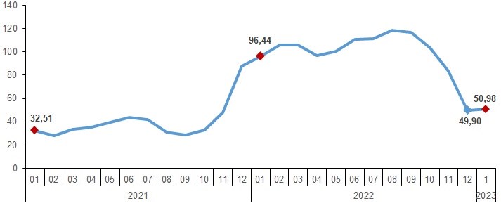 YD-ÜFE yıllık değişim oranı (%), Ocak 2023, TÜİK
