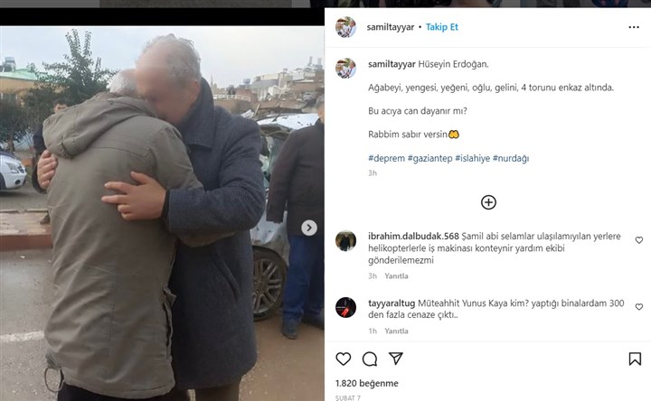 Şamil Tayyar, depremin ikinci günü ailesini kaybeden Hüseyin Erdoğan’ın yanındaydı. Sosyal medya hesabında bu fotoğrafı yayınlamıştı